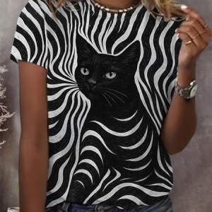 Simple Cat Crew Neck Short Sleeve T-shirt, T-shirts, color:Black|size:XXL, catalog Noracora shop