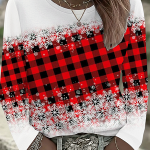 Women Plaid Long Sleeve Tee T-shirt Crew Neck Printing Casual Spring/Fall Graphic Tee Top, JustFashionNow T-Shirts, color:Red|size:XXL,