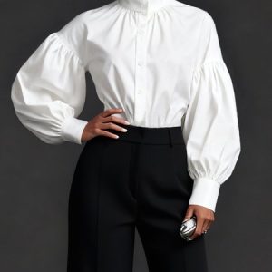 Cotton Urban Plain Ruched Turtleneck Balloon Sleeve Shirt, Blouses and Shirts, color:White|size:XXL, Stylewe