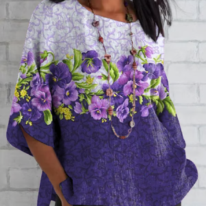 Casual Floral Crew Neck Half Sleeve T-shirt, T-shirts, color:Purple|size:5XL, catalog Noracora shop