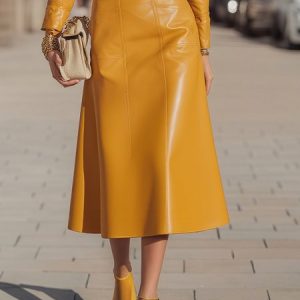 Urban Plain Midi Faux Leather Skirt With Belt, Skirts, color:Yellow|size:XXL, Stylewe
