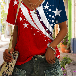 Casual Independence Day (Flag) V Neck Short Sleeve T-shirt, T-shirts, color:Red|size:4XL, catalog Noracora shop
