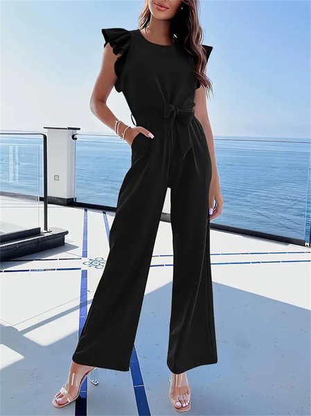 Women Plain Crew Neck Sleeveless Casual Ruffle Sleeve Summer Jumpsuit, JustFashionNow Jumpsuits&Rompers, color:Black|size:XL,