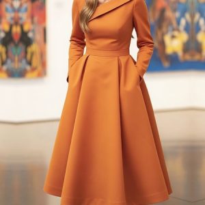 Elegant Plain  V Neck Midi Dress, Midi Dresses, color:Orange|size:XXL, Stylewe
