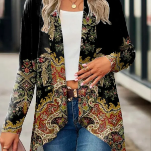 Women Spring/Fall Outerwear Casual Printing Floral Long Sleeve Jacket, Kimono, color:Black|size:XXL, catalog Noracora shop