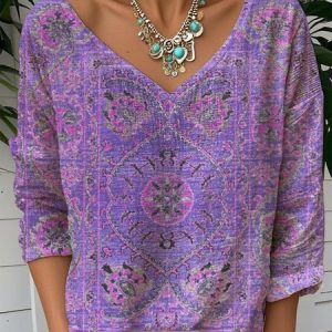 Casual Floral V Neck Long Sleeve T-shirt, T-shirts, color:Purple|size:XXL, catalog Noracora shop