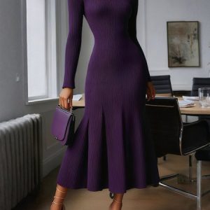 Elegant Plain Turtleneck Midi Dress, Midi Dresses, color:Purple|size:XXL, Stylewe