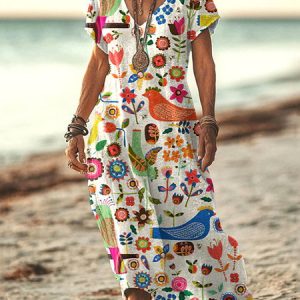 Women Floral Summer Dress V Neck Short Sleeve A-Line Dress, Maxi, color:White|size:5XL, catalog Noracora shop