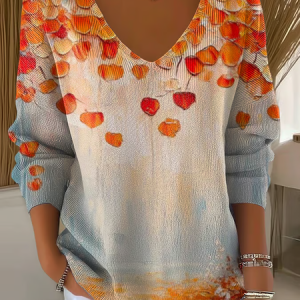 Casual Maple Leaf V Neck Long Sleeve T-shirt, Hoodies & Sweatshirts, color:Orange|size:4XL, catalog Noracora shop