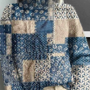 Women Abstract Printing Spring/Fall Vintage Long Sleeve Turtleneck Sweater, JustFashionNow Sweaters, color:Blue|size:4XL,