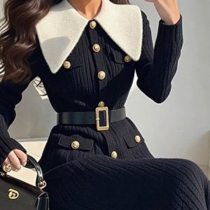 Elegant Color Block Shawl Collar Sweater Midi Dress With Belt, Midi Dresses, color:Black|size:XXL, Stylewe