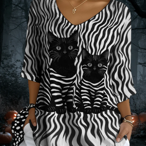 Vintage Cat Crew Neck Three Quarter Sleeve T-shirt, T-shirts, color:As Picture|size:4XL, catalog Noracora shop