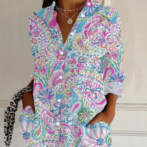Women Floral Long Sleeve Shirt Spring/Fall Buckle Shirt Collar Daily Casual Top, JustFashionNow Shirts, color:As Picture|size:S,