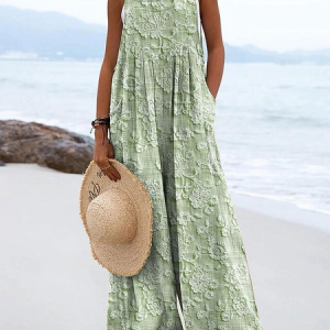 Women Floral Spaghetti Sleeveless Casual Summer Cotton Jumpsuit, Sets, color:Green|size:4XL, catalog Noracora shop