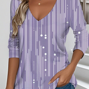 Vintage Striped V Neck Long Sleeve T-shirt, T-shirts, color:Gray Purple|size:XXL, catalog Noracora shop