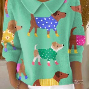Women Cotton Cartoon Long Sleeve Comfy Casual Sweater, Sweaters, color:Green|size:4XL, catalog Noracora shop