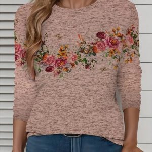 Women Floral Long Sleeve Tee T-shirt Crew Neck Printing Casual Spring/Fall Graphic Tee Top, JustFashionNow T-Shirts, color:Dusty Pink|size:XXL,
