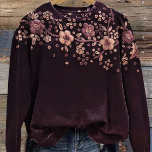 Women Floral Crew Neck Printing Casual Spring/Fall Long Sleeve Sweatshirt, JustFashionNow Sweatshirts & Hoodies, color:Deep Purple|size:XXL,