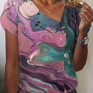 Women Geometric Short Sleeve Tee T-shirt Asymmetrical Buckle Vintage Summer Top, JustFashionNow T-Shirts, color:Color19|size:5XL