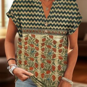 Casual Floral V Neck Short Sleeve T-shirt, T-shirts, color:Brown|size:4XL, catalog Noracora shop