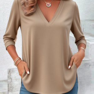 Casual Plain V Neck Long Sleeve T-shirt, T-shirts, color:Apricot|size:3XL, catalog Noracora shop