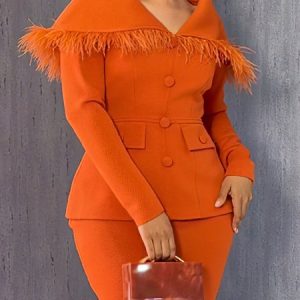 Urban Feather-trimmed Plain V Neck Jacket, Jackets, color:Orange|size:XXL, Stylewe