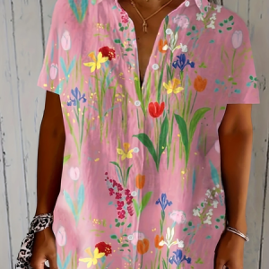 Women Floral Short Sleeve Shirt Summer Printing Shirt Collar Daily Casual Top, JustFashionNow Shirts, color:Pink|size:5XL,