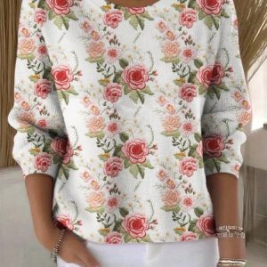 Women Cotton Floral Long Sleeve Comfy Vintage Sweater, Sweaters, color:Off White|size:4XL, catalog Noracora shop