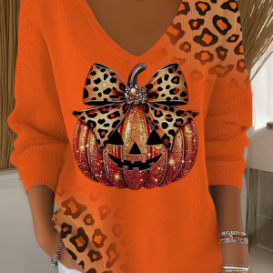 Women Leopard Long Sleeve Tee T-shirt V Neck Printing Casual Spring/Fall Top, JustFashionNow T-Shirts, color:Orange|size:4XL