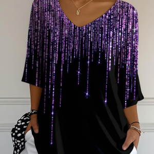 Casual Abstract V Neck Three Quarter Sleeve T-shirt, T-shirts, color:Black|size:5XL, catalog Noracora shop