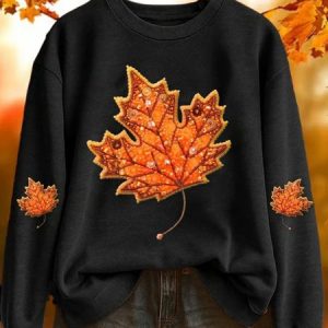 Women Vintage Maple Leaf Print Crew Neck Comfy Sweatshirt, Hoodies & Sweatshirts, color:Black|size:5XL, catalog Noracora shop