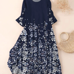 Women Floral Spring/Fall Dress Crew Neck Long Sleeve A-Line Dress, Maxi, color:Blue|size:5XL, catalog Noracora shop