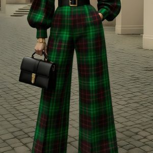 Urban Plaid Printing Wide Leg Pants With Belt, Pants, color:Green|size:XXL, Stylewe