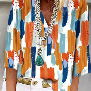 Women Abstract Three Quarter Sleeve Blouse Spring/Fall Printing V Neck Daily Casual Top, JustFashionNow Blouses, color:Orange|size:4XL,