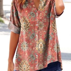 V Neck Short Sleeve Floral Regular Micro-Elasticity Regular Fit Shirt For Women, Shirts, color:Red|size:3XL, catalog Noracora shop