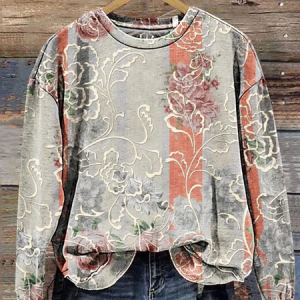 Women Floral Crew Neck Printing Casual Spring/Fall Long Sleeve Sweatshirt, JustFashionNow Sweatshirts & Hoodies, color:Gray|size:3XL,