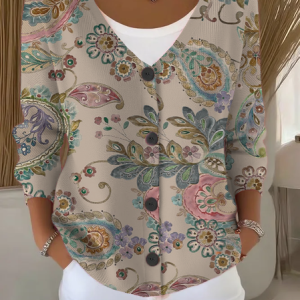 Women Floral Long Sleeve V Neck Casual Spring/Fall Cardigan Outerwear, JustFashionNow Cardigans, color:Oatmeal|size:5XL,