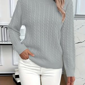 Women Plain Spring/Fall Casual Long Sleeve Crew Neck Cotton Sweater, JustFashionNow Sweaters, color:Light Gray|size:XL,