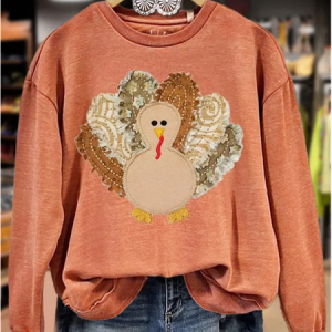 Women Turkey Crew Neck Printing Casual Spring/Fall Long Sleeve Sweatshirt, JustFashionNow Sweatshirts & Hoodies, color:Orange|size:XXL,
