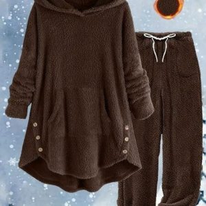 Women Plain Two-Piece Set Daily Long Sleeve Casual Winter Top With Pants Matching Set, Sets, color:Coffee|size:5XL, catalog Noracora shop