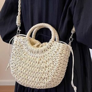 Woven Bag Large Capacity Straw Bag New Style Fire Woven Holiday Style Beach Versatile Shoulder Messenger Bag, Bags, color:Beige|size:One-size, catalog Noracora shop
