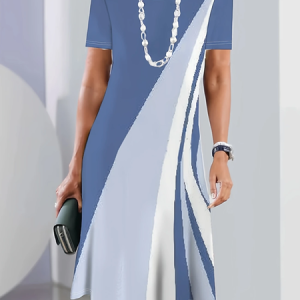 Women Abstract Short Sleeve Summer Printing Dress Crew Neck Daily Vintage Midi Tunic H-Line Dress, JustFashionNow Casual Dresses, color:Blue|size:5XL,