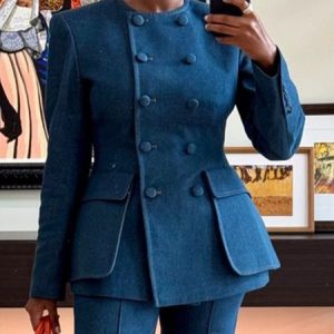 Casual Denim Buttoned Plain Crew Neck Jacket, Jackets, color:Denim Blue|size:XXL, Stylewe