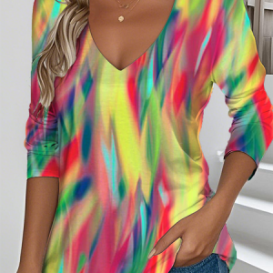 Vintage Ombre V Neck Long Sleeve T-shirt, T-shirts, color:Yellow|size:XXL, catalog Noracora shop