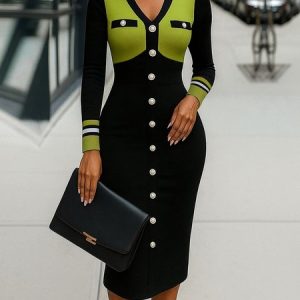 Urban Color Block Buttoned V Neck Sweater Midi Dress, Midi Dresses, color:Black-green|size:XXL, Stylewe