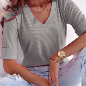 Women's Half Sleeve T-shirt Summer Plain Ribbed V Neck Going Out Casual Top Deep Pink, JustFashionNow T-Shirts, color:Gray|size:XXL,