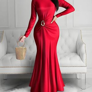 Metal Decor Mock Neck Ruched Slim Fit Party Dress Zipper Back Mermaid Hem Evening Dress, women Evening Dresses, ChicMe catalog