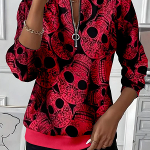 Women Skull Crew Neck Printing Casual Spring/Fall Long Sleeve Sweatshirt, JustFashionNow Sweatshirts & Hoodies, color:Red|size:XXL,