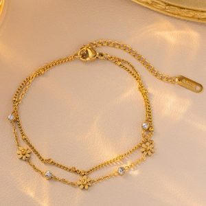 Small Daisy Titanium Steel Non-fading Bracelet Jewelry Flower Sweet Double-layer Bracelet Ins Personality Niche Titanium Steel Bracelet, Bracelet, color:Golden|size:One-size, catalog Noracora shop