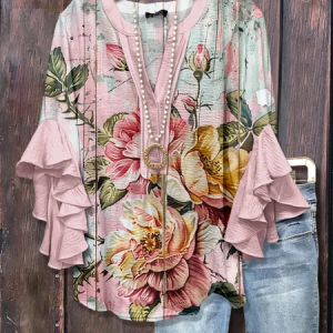Women Floral Half Sleeve Shirt Summer Printing V Neck Daily Casual Top, JustFashionNow Shirts, color:Pink|size:4XL,